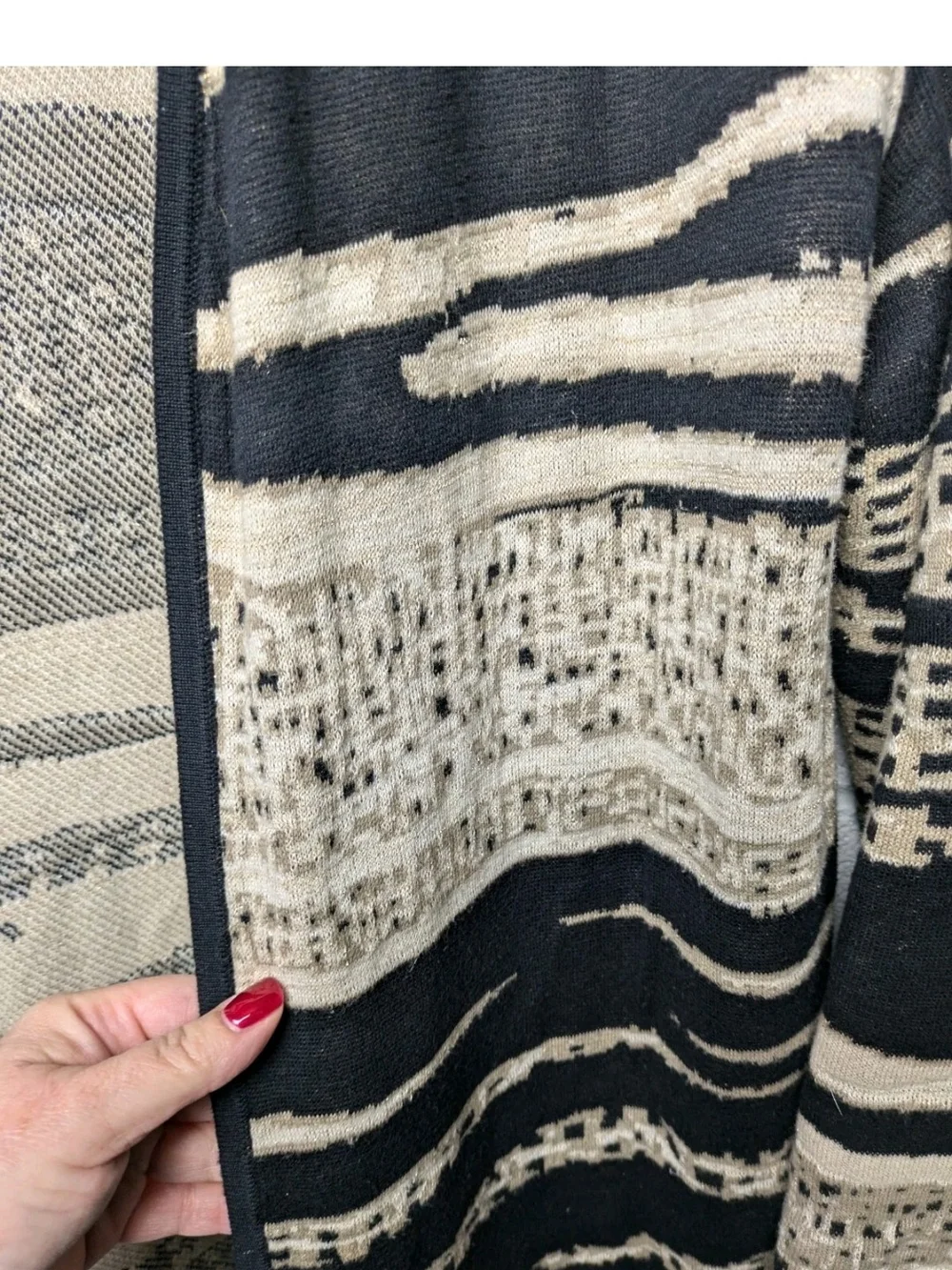 Chicos 2 Open-Front Long Cardigan Sweater Large Black Cream Metallic Patterned